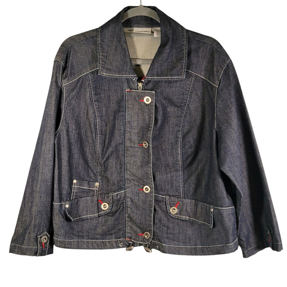 Chico’s Platinum Denim Jean Jacket Size 2 Blue US12 Dark Wash Snap Zip Stretch - Picture 1 of 9